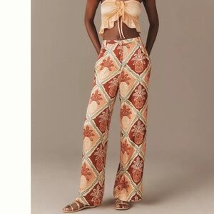 FARM Rio Pineapple Tile Print Wide-Leg Trousers in Rust & Cream